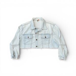 Farm Rio Custom Cropped Jean Jacket Raw Hem Boho Trucker